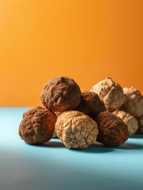 Een stapel truffels op een blauwe tafel met een oranje achtergrond.