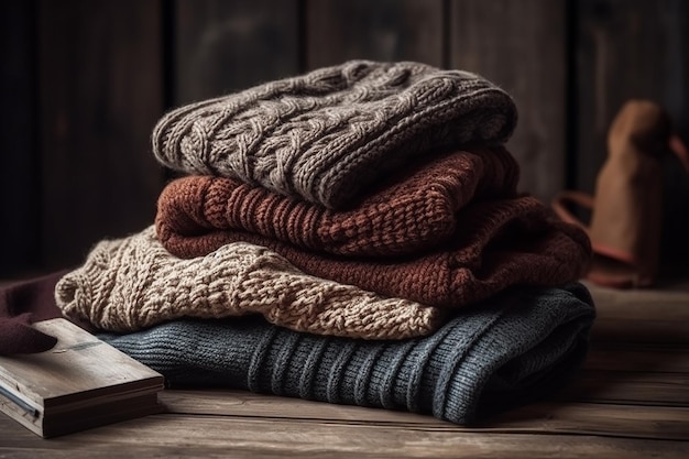 Een stapel truien en sweaters op een houten tafel.