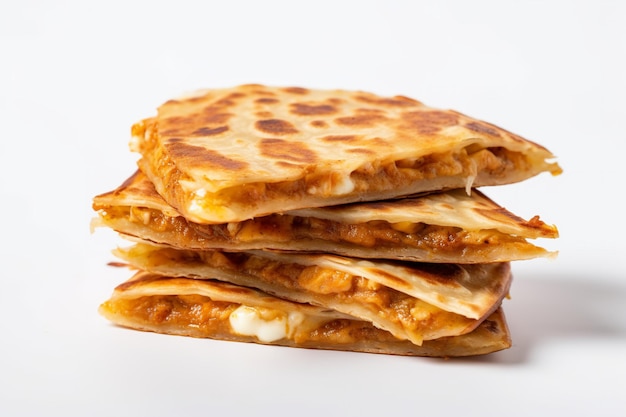 Een stapel van drie flatbreads waarvan de ene een kip is en de andere een kaas.