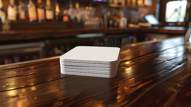 Foto een stapel van vier witte vierkante coasters op een houten bar met een wazige achtergrond van een bar