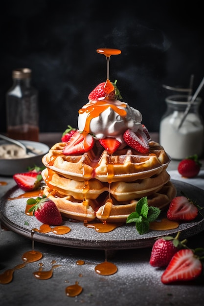 Een stapel wafels met een scheutje siroop en aardbeien erop.