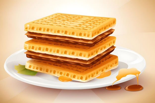 Een stapel wafels op een bord met pindakaas erop.