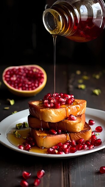 Een stapel wentelteefjes met granaatappelpitjes erop