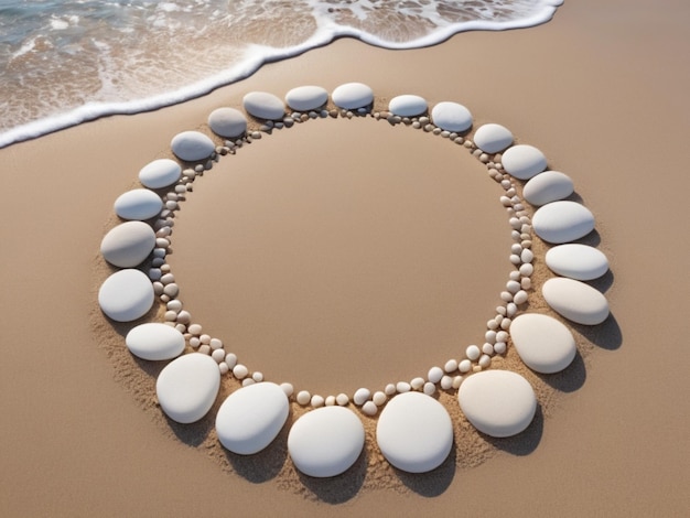 Een stapel witte kiezels die een cirkelvormig patroon vormen op een zandstrand