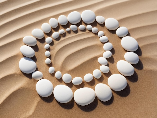 Een stapel witte kiezels die een cirkelvormig patroon vormen op een zandstrand