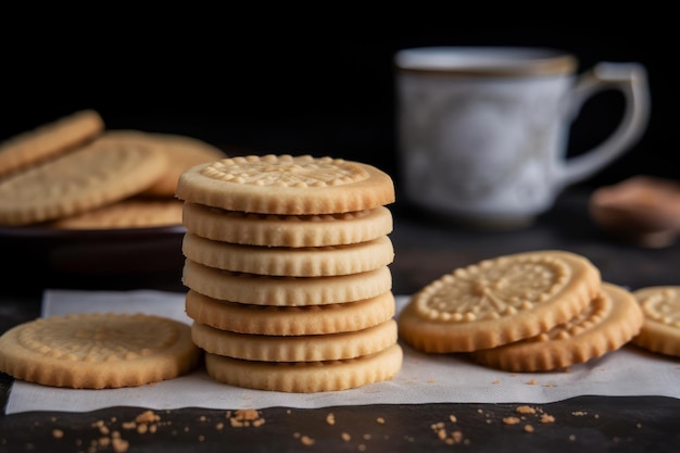 Een stapel zandkoekjes met een kopje koffie erbij.