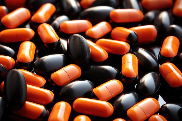 Een stapel zwarte en oranje pillen geschikt voor medicinale doeleinden Stapel oranjezwarte capsulepillen AI gegenereerd