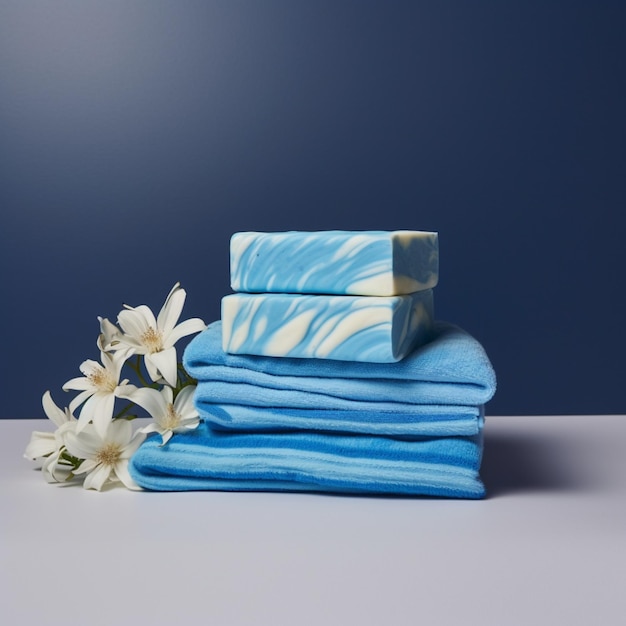 Een stapeltje blauwe zeep met daarop witte bloemen.