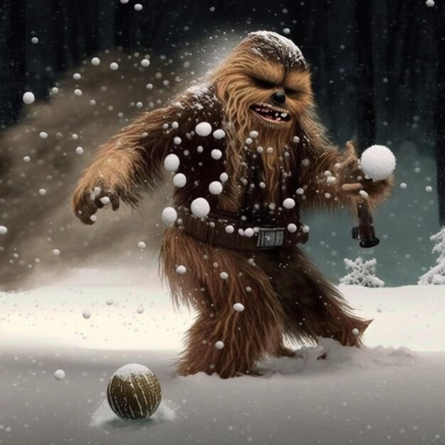 Een Star Wars-personage speelt in de sneeuw met een bal.