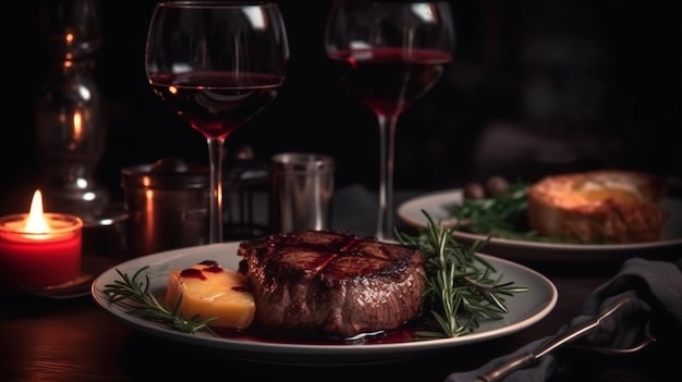 Een steak diner met een glas rode wijn