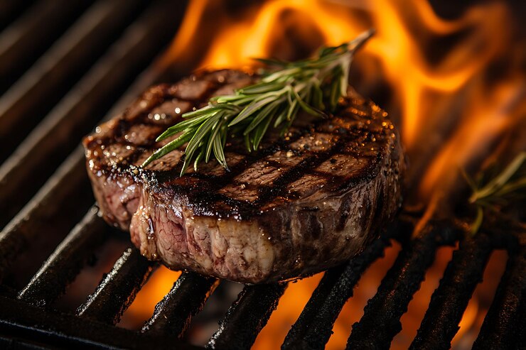 Foto een steak is op een grill met een dennen tak erop