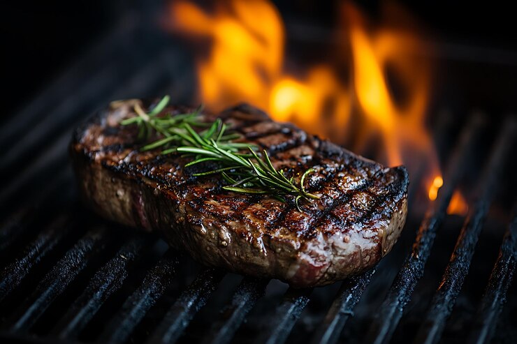 Foto een steak met een groene tak van rozemarijn er op is aan het koken op een grill
