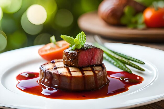 Een steak met een rode saus en een groene groente op het bord.