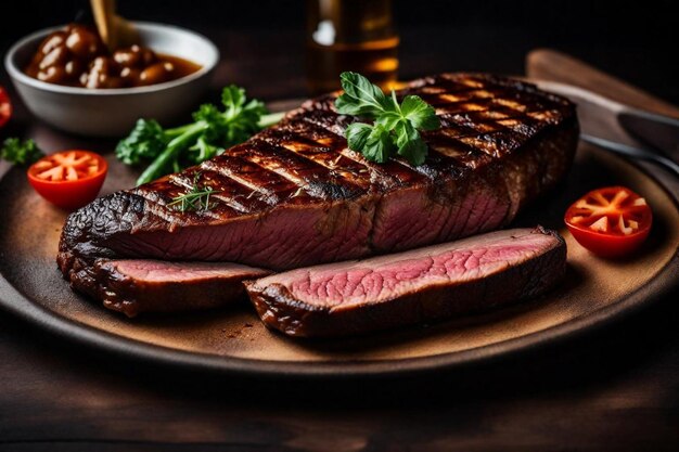 een steak met een schaal bonen en een schaal van bonen