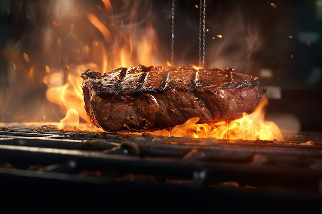 Een steak wordt gegrild op een grill met vlammen