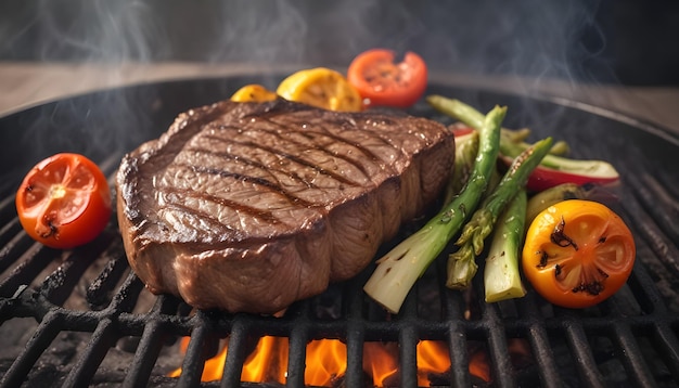 Foto een steak wordt op een grill gekookt met groenten en een vuur