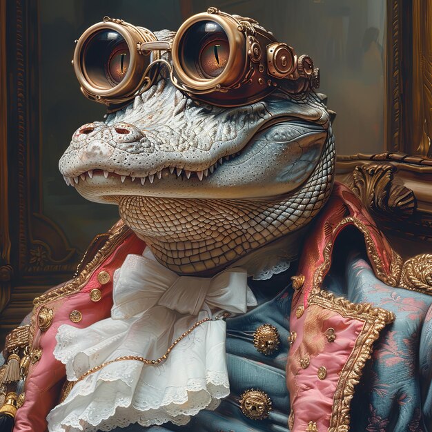 Een steampunk alligator met koperen bril en versierde huid poseert in een Victoriaans portret