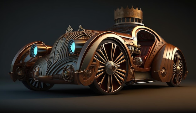 Een steampunk auto met een grote kroon bovenop.