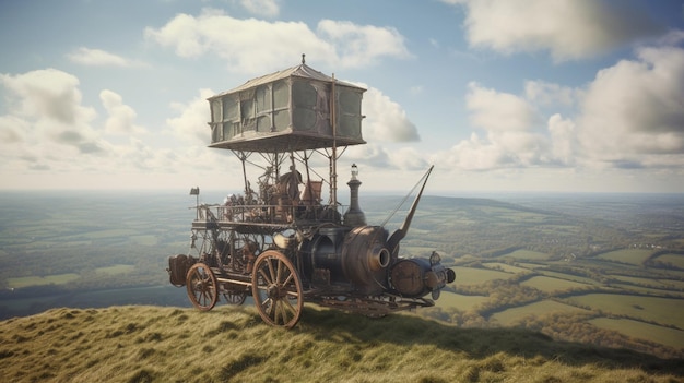 Een steampunk-auto staat op een heuvel met een bewolkte lucht op de achtergrond.