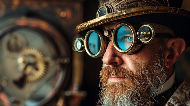 Een steampunk man met een baard en een bril kijkt naar iets hij draagt een hoed en er zijn tandwielen op de achtergrond