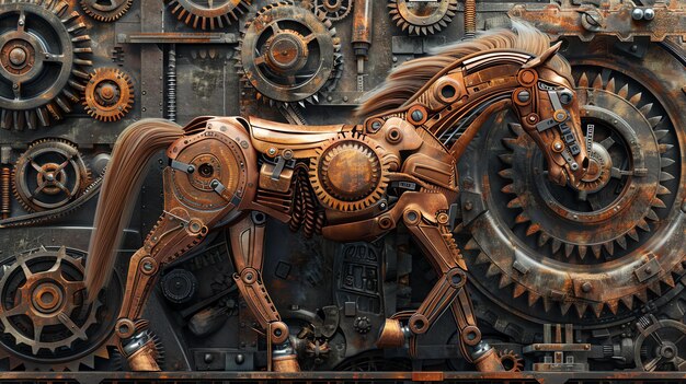 Een steampunk mechanisch paard gemaakt van tandwielen en tandwielen