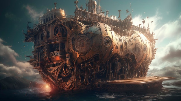 Een steampunk-schip drijft in de oceaan.