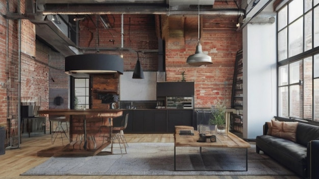 Een stedelijk loft met een minimalistisch ontwerp met blootgestelde bakstenen muren en industriële accenten