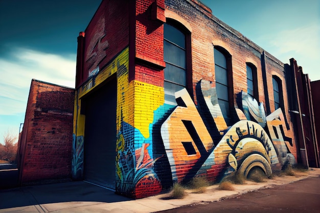Een stedelijke bakstenen muur met graffitikunst die de artistieke kant van industriële architectuur laat zien