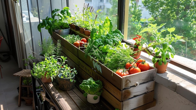 Foto een stedelijke tuin met verschillende planten en groenten in potten en kratten de tuin bevindt zich op een balkon of terras en krijgt veel zonlicht