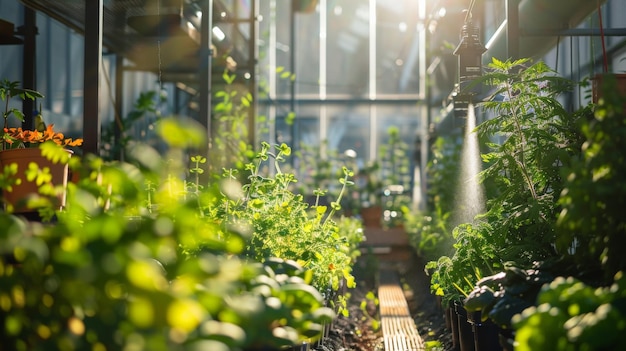 Een stedelijke tuin waar AI-gecontroleerde systemen optimale watering en zonlicht voor elke plant garanderen, die AI in harmonie met de natuur toont