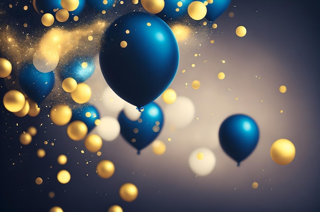 Een stel ballonnen met gouden en blauwe ballen die in de lucht zweven.