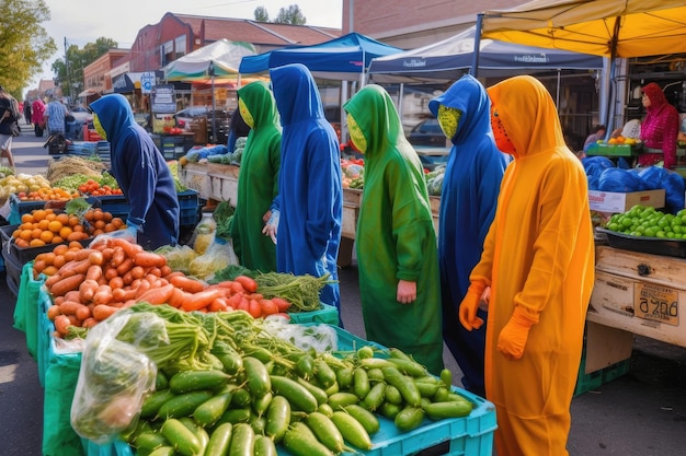 Een stel buitenaardse wezens die verse producten plukken van de lokale boerenmarkt, gemaakt met generatieve AI