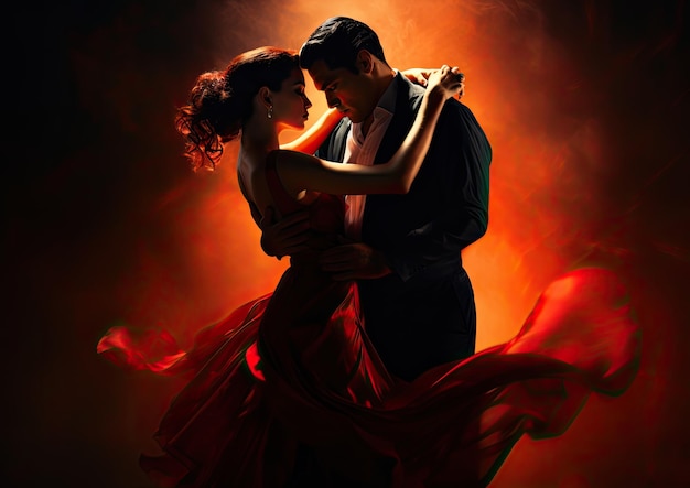 Een stel dat bezig is met een gepassioneerde tango, hun lichamen verweven in een dramatische pose.
