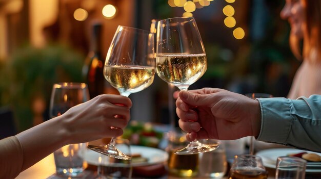 Een stel dat een glaasje wijn drinkt in een romantisch restaurant creëert een perfect moment van verbinding en liefde op Valentijnsdag