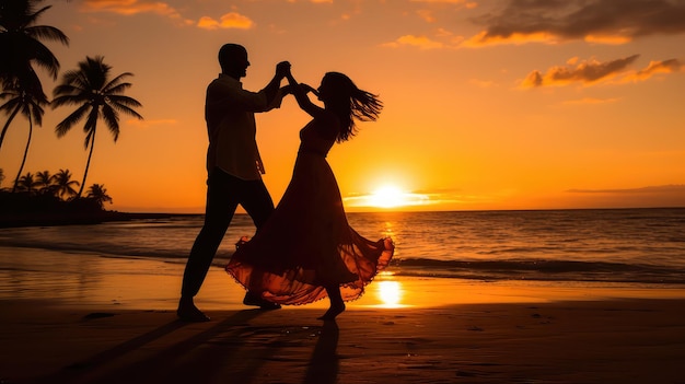 Een stel dat salsa bachata kizomba danst op het strand bij zonsondergang.