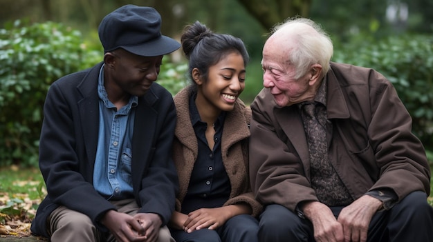 Foto een stel dat zich met een oudere man in het park verbindt