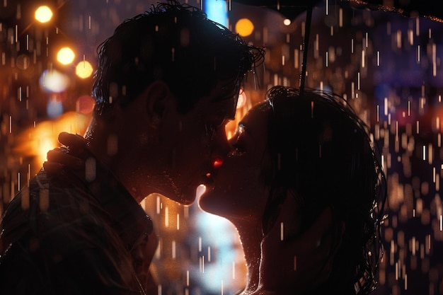 Een stel die een gepassioneerde kus delen in de regen oct