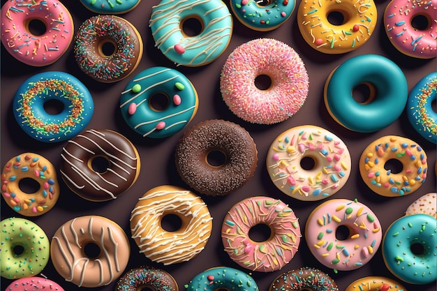 Een stel donuts staan op een tafel met verschillende kleuren.
