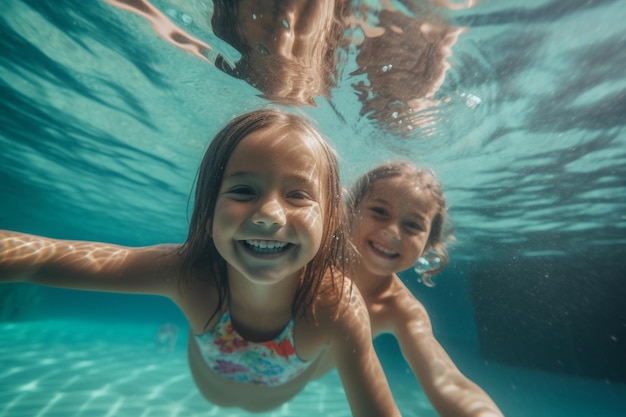 Een stel gelukkige kinderen zwemmen onder water in een zwembad.