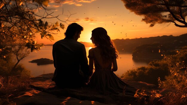 Een stel geniet van ontspannende liefde en een romantisch moment bij zonsondergang