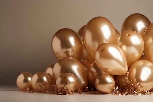 Een stel gouden ballonnen ligt opgestapeld op een tafel waarvan er één een gouden kleur heeft.
