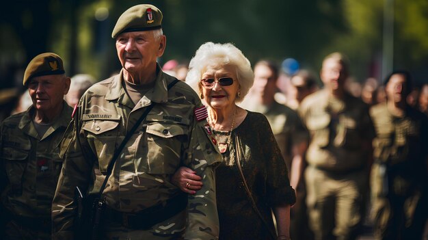 Foto een stel grootvader en grootmoeder in veteranenuniformen.