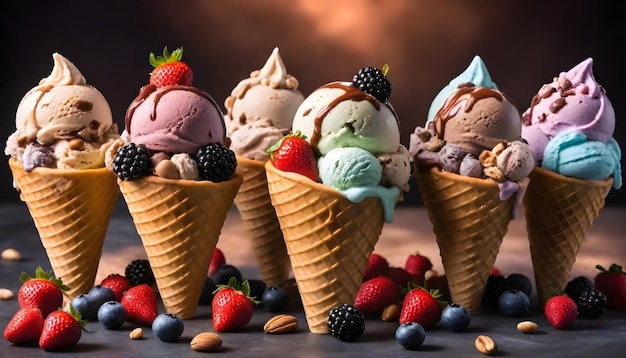 Foto een stel ijsjes met bessen en een aardbeien bovenop