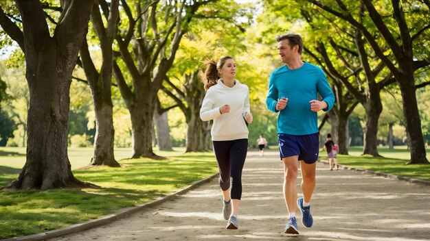 Een stel joggen in het park.