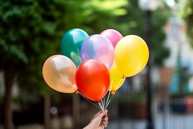 Een stel kleurrijke ballonnen die door een persoon worden vastgehouden