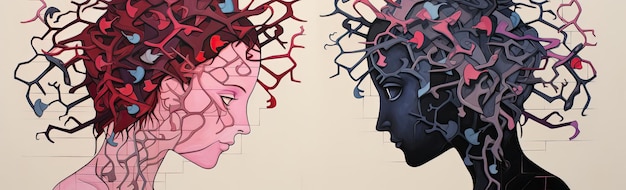 een stel kleurrijke hoofden met puzzels in de vorm van een hart in de stijl van narratieve diptychs