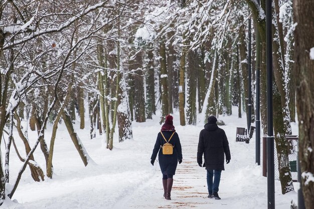 Een stel loopt door een winterpark