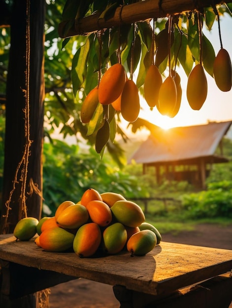 Foto een stel mango's zittend op een houten tafel