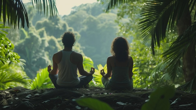 Een stel mediteert vreedzaam samen ergens in de jungle bij een retraite.