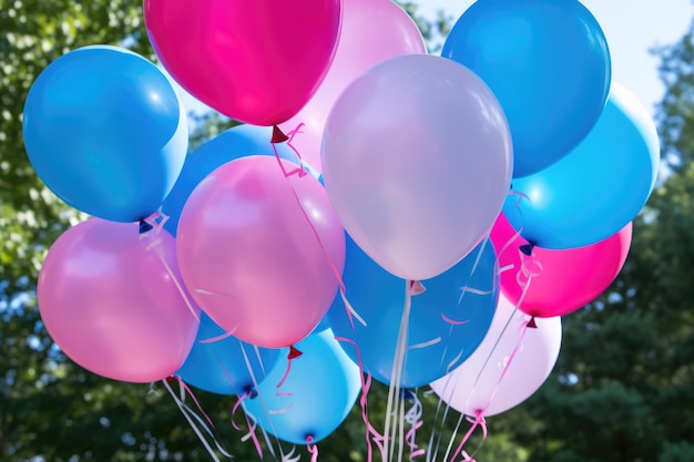 Een stel met helium gevulde genderreveal-ballonnen